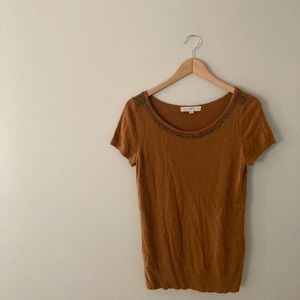 LOFT short-sleeved beaded sweater, mustard gold, M
